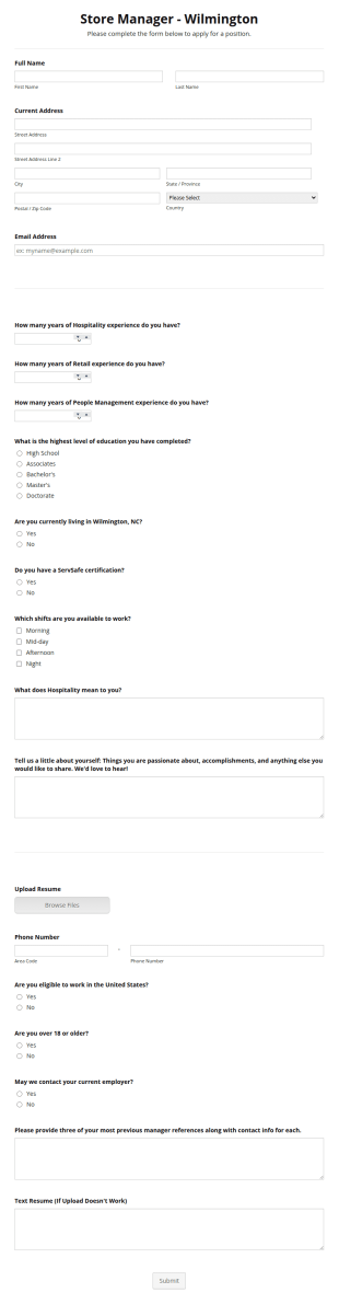Store Manager Application Form Template
