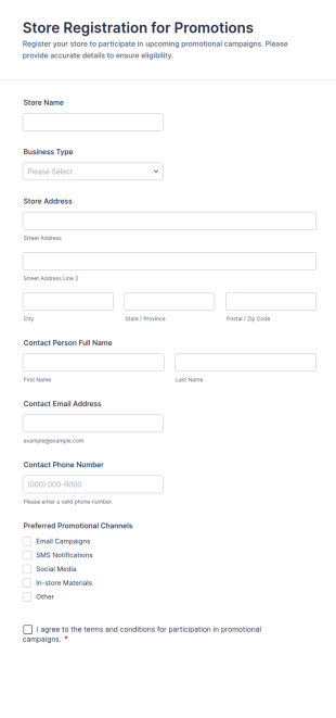 Store Registration For Promotions Form Template