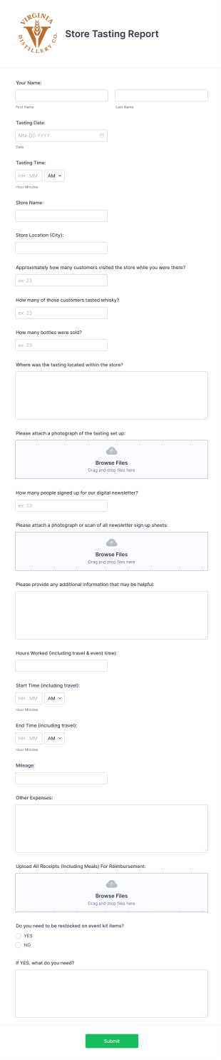 Store Tasting Report Form Template