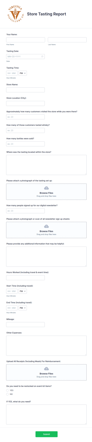 Store Tasting Report Form Template
