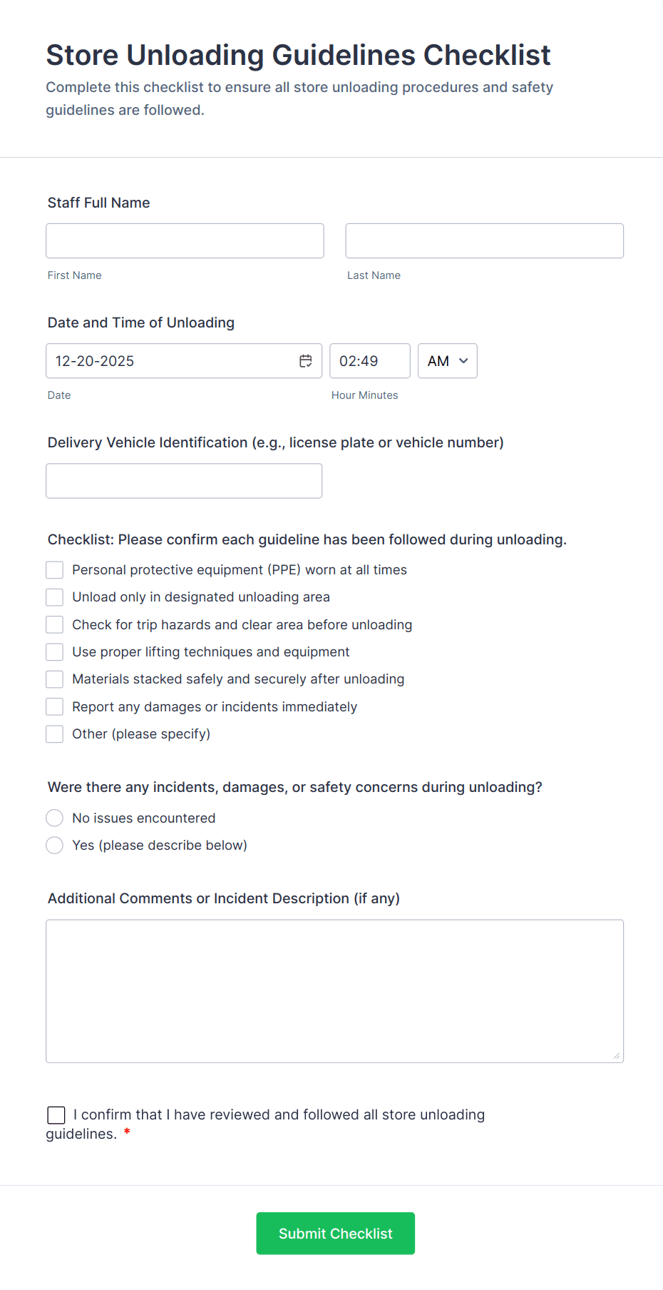 Store Unloading Guidelines Checklist Form Template | Jotform