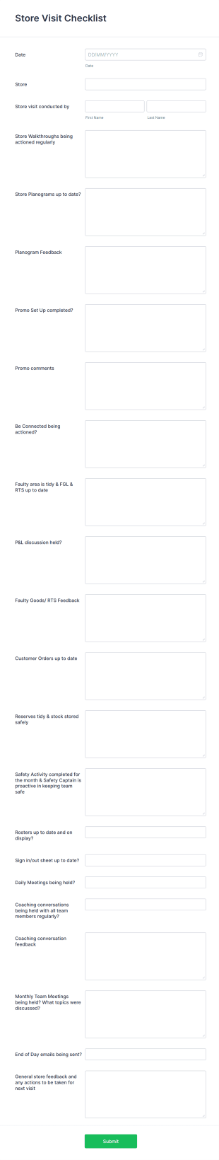 Store Visit Checklist Form Template