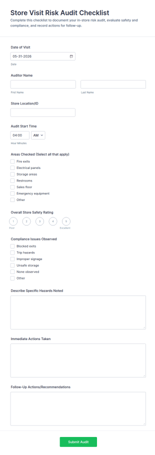 Store Visit Risk Audit Checklist Form Template