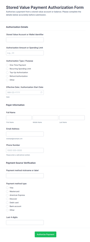 Stored Value Payment Authorization Form Template