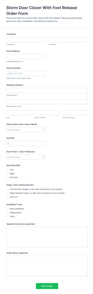 Storm Door Closer Foot Release Order Form Template