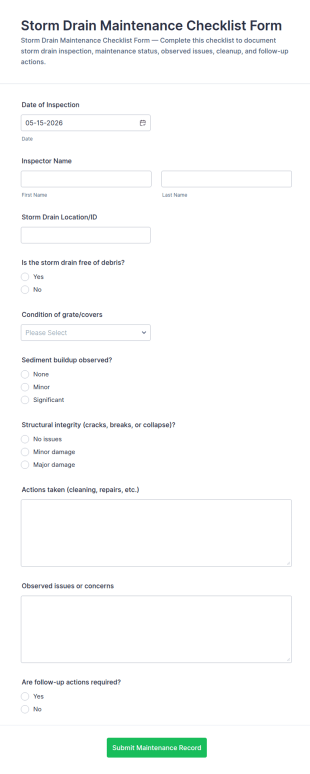 Storm Drain Maintenance Checklist Form Template