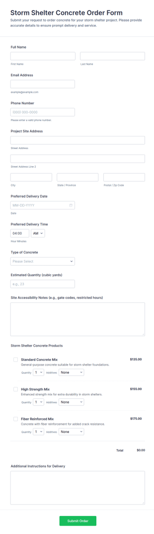 Storm Shelter Concrete Order Form Template