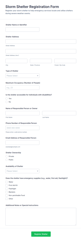 Storm Shelter Registration Form Template