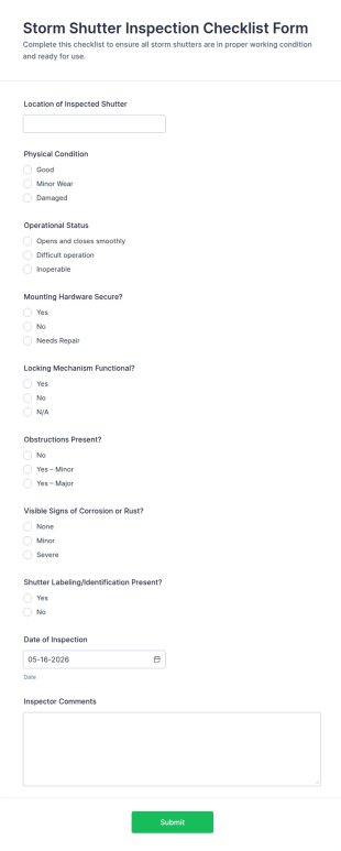 Storm Shutter Inspection Checklist Form Template