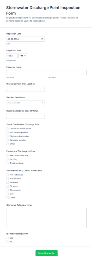Stormwater Discharge Point Inspection Log Form Template