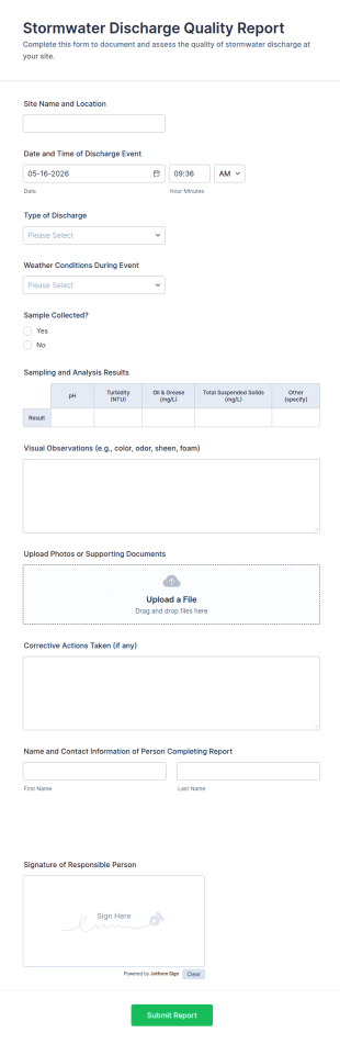 Stormwater Discharge Quality Report Form Template