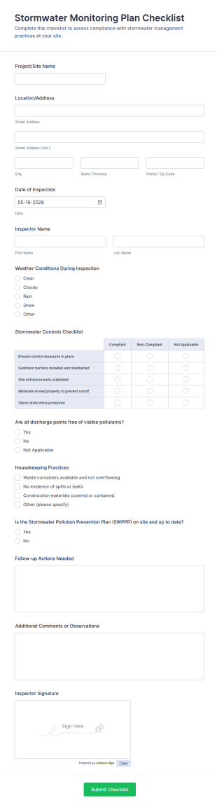 Stormwater Monitoring Plan Checklist Form Template