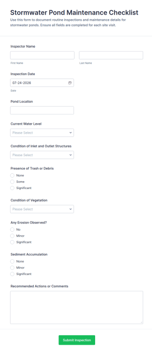 Stormwater Pond Maintenance Checklist Form Template