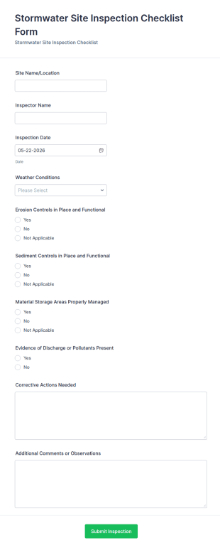 Stormwater Site Inspection Checklist Form Template