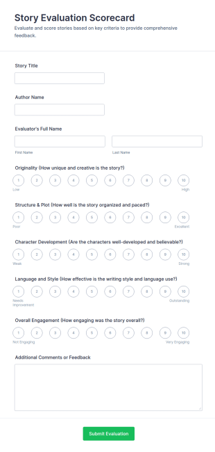 Story Evaluation Scorecard Form Template