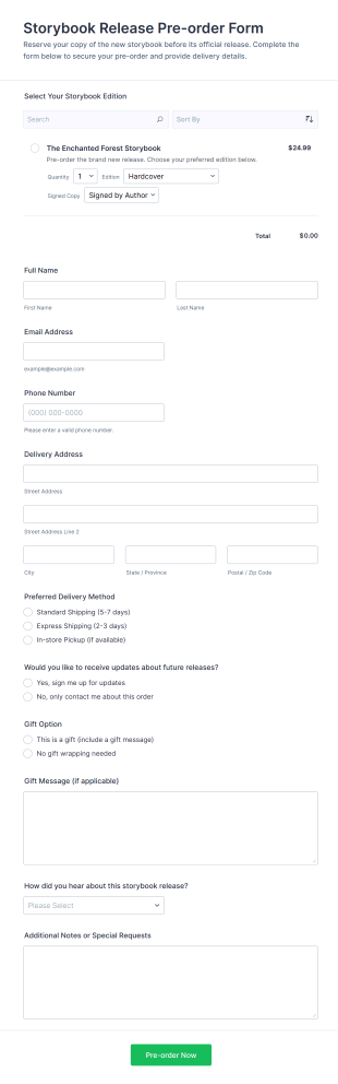 Storybook Release Pre Order Form Template