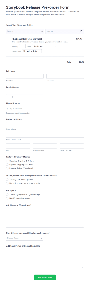 Storybook Release Pre Order Form Template