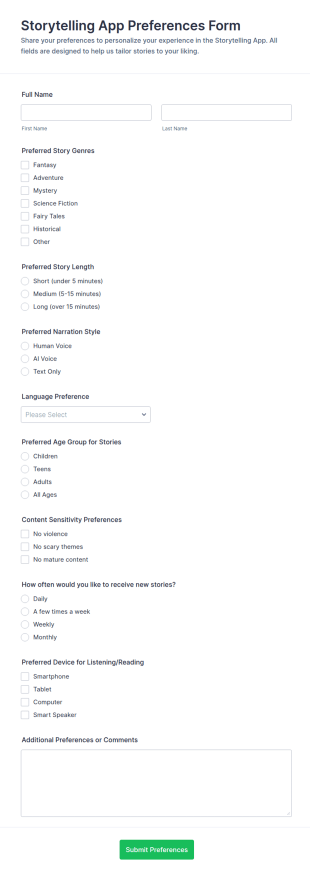 Storytelling App Preferences Form Template