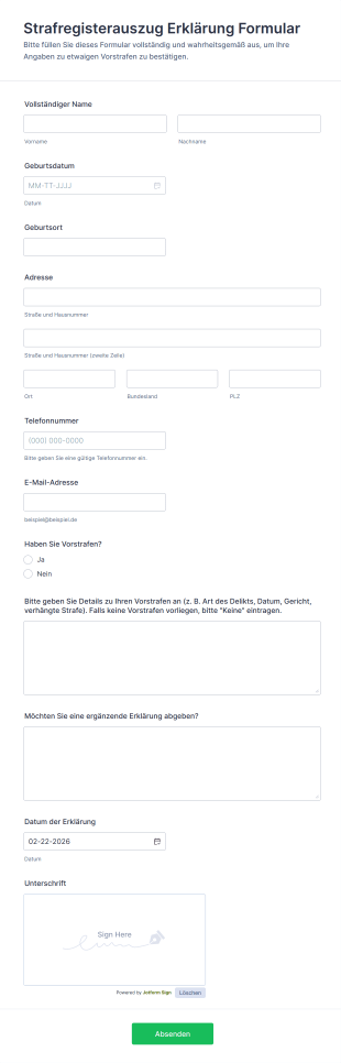 Strafregisterauszug Erklärung Formular
