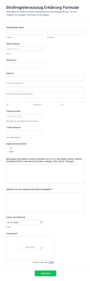 Strafregisterauszug Erklärung Formular
