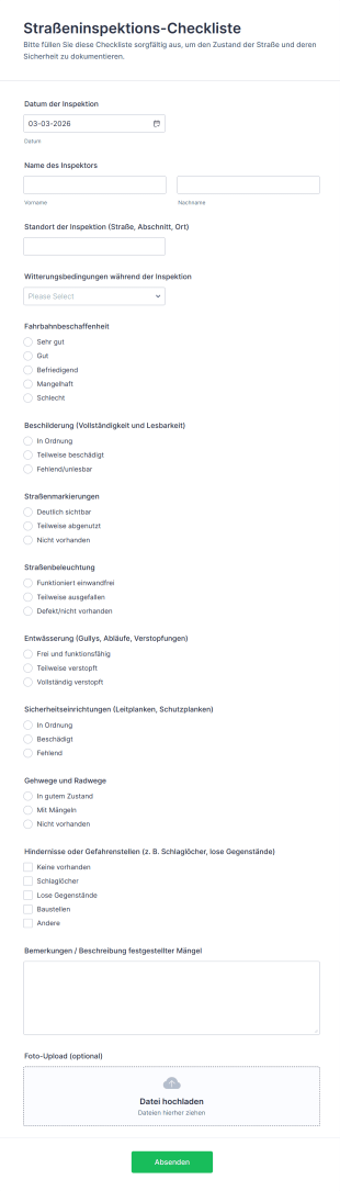 Straßeninspektions Checkliste