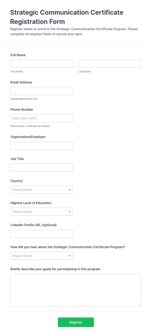 Strategic Communication Certificate Registration Form Template
