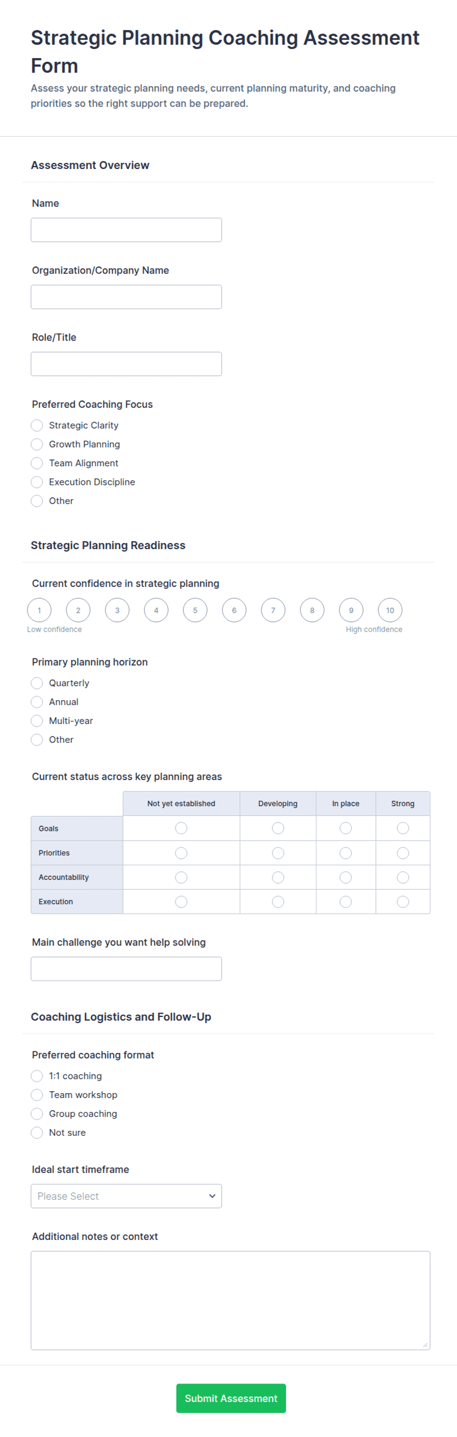 Strategic Planning Coaching Assessment Form Template | Jotform
