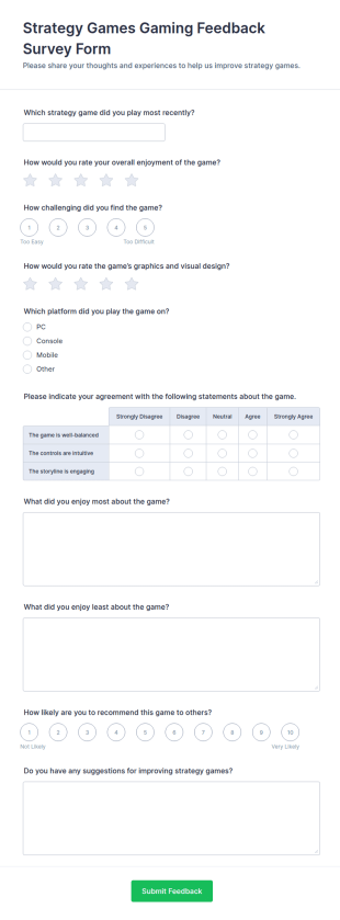 Strategy Games Gaming Feedback Survey Form Template