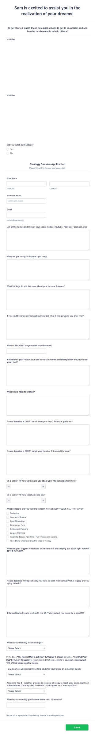 Financial Coaching Application Form Template