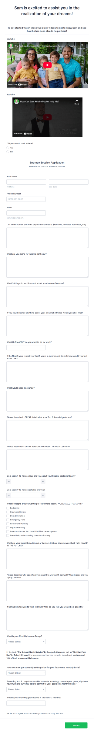 Financial Coaching Application Form Template