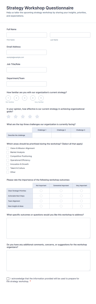 Strategy Workshop Questionnaire Form Template
