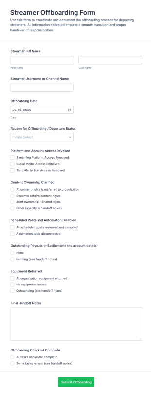 Streamer Offboarding Checklist Form Template
