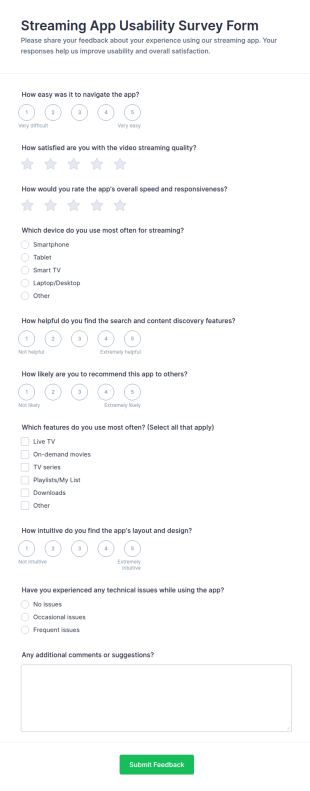 Streaming App Usability Survey Form Template