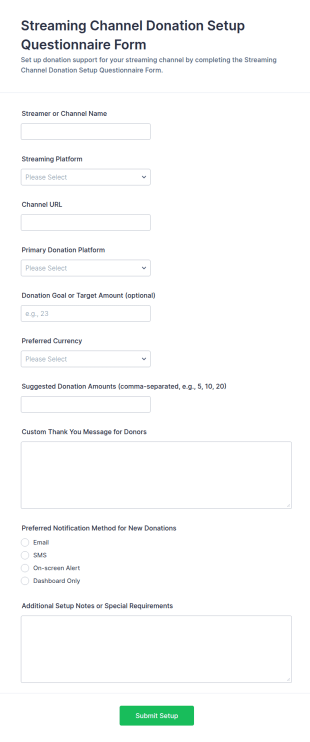 Streaming Channel Donation Setup Questionnaire Form Template