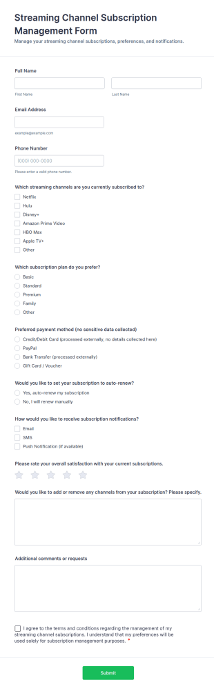 Streaming Channel Subscription Management Form Template