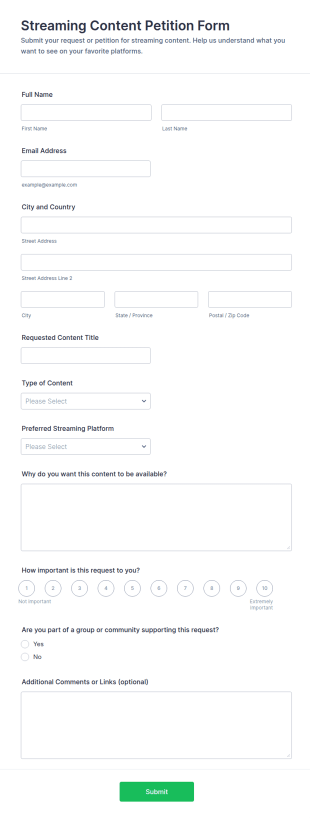 Streaming Content Petition Form Template