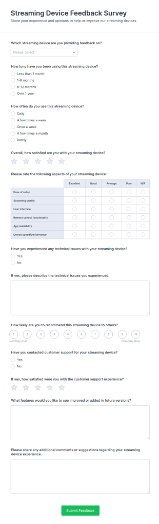 Streaming Device Feedback Survey Form Template