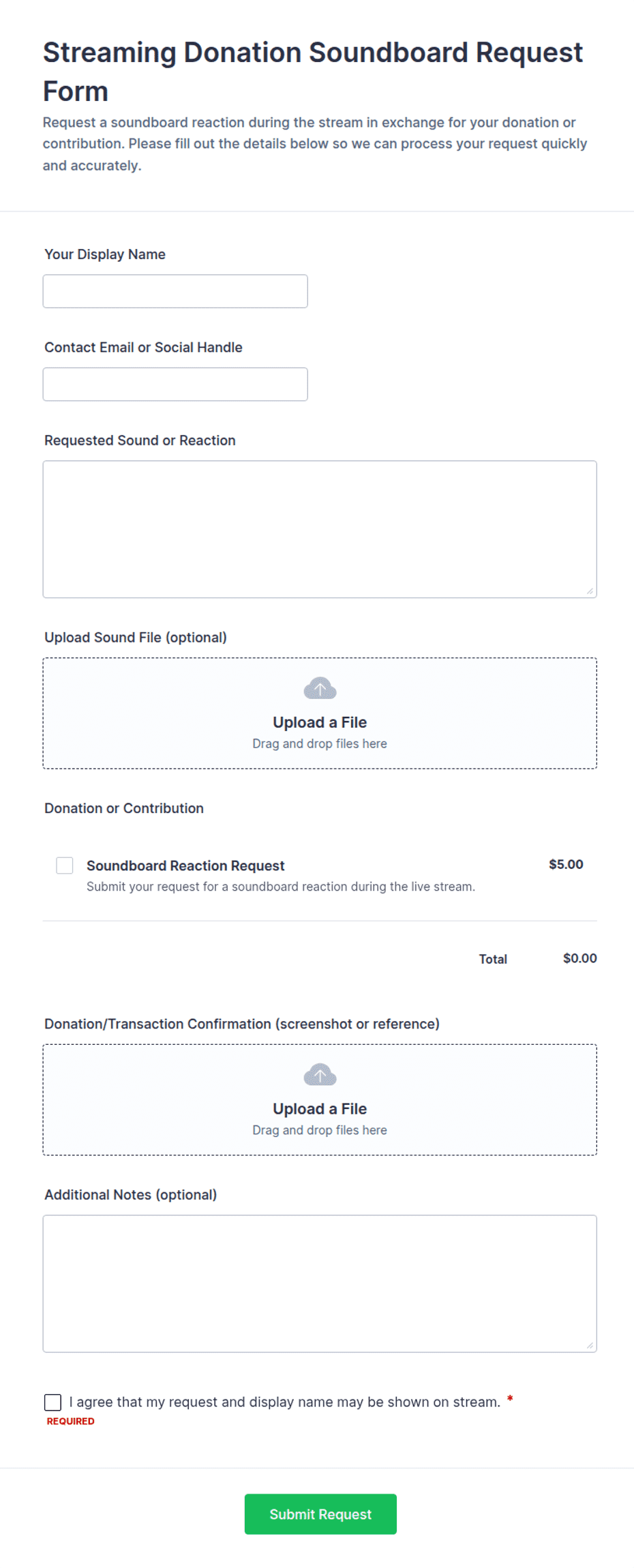 Streaming Donation Soundboard Request Form Template | Jotform