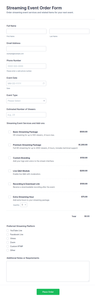 Streaming Event Order Form Template