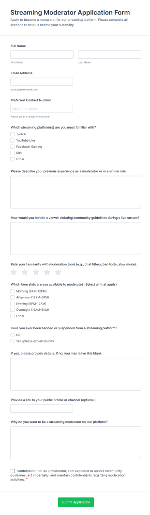 Streaming Moderator Application Form Template