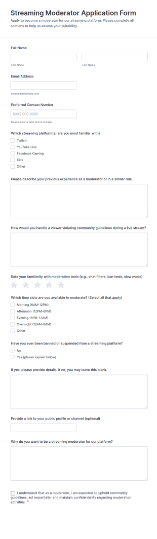 Streaming Moderator Application Form Template