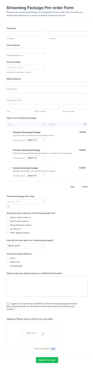 Streaming Package Pre Order Form Template