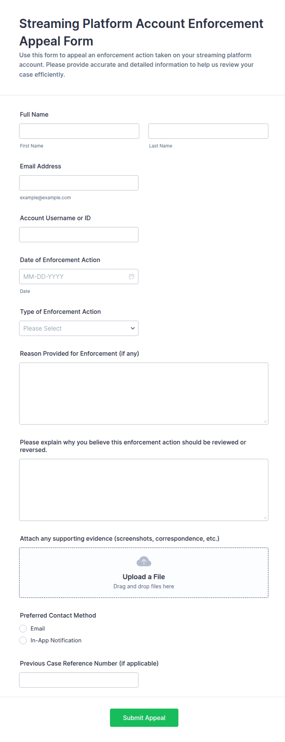 Streaming Platform Account Enforcement Appeal Form Template | Jotform