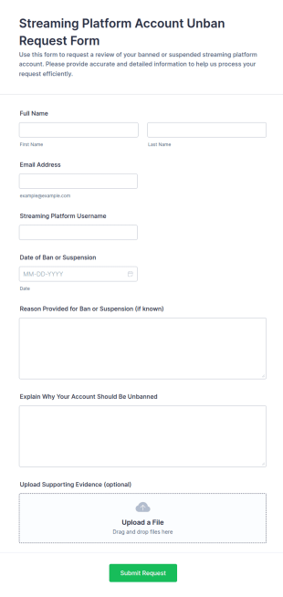 Streaming Platform Account Unban Request Form Template