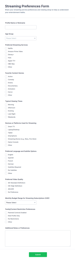 Streaming Preferences Form Template
