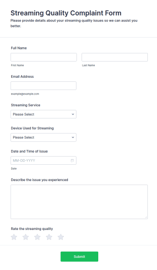 Streaming Quality Complaint Form Template