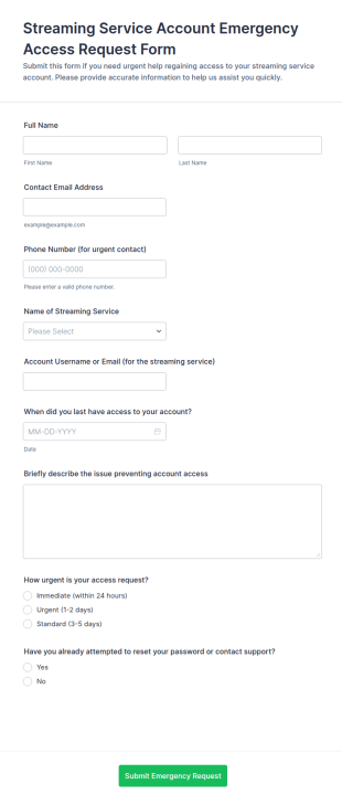 Streaming Service Account Emergency Access Request Form Template