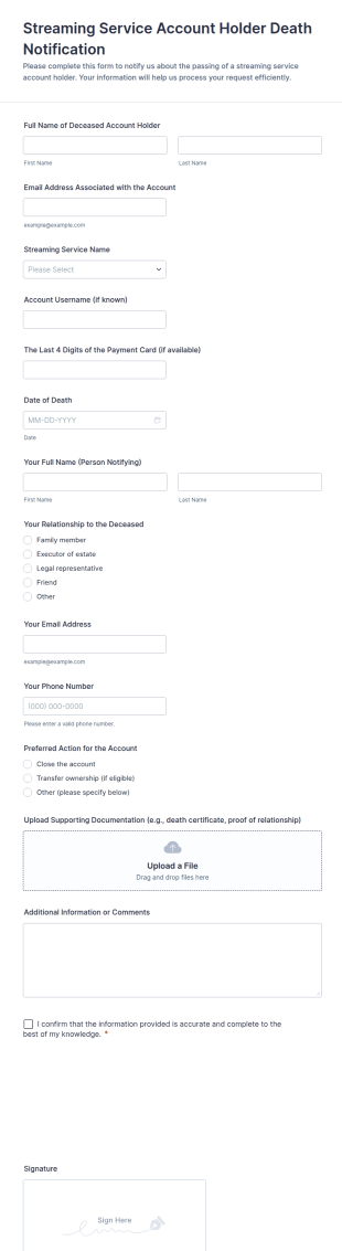 Streaming Service Account Holder Death Notification Form Template