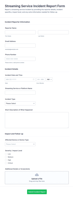Streaming Service Incident Report Form Template
