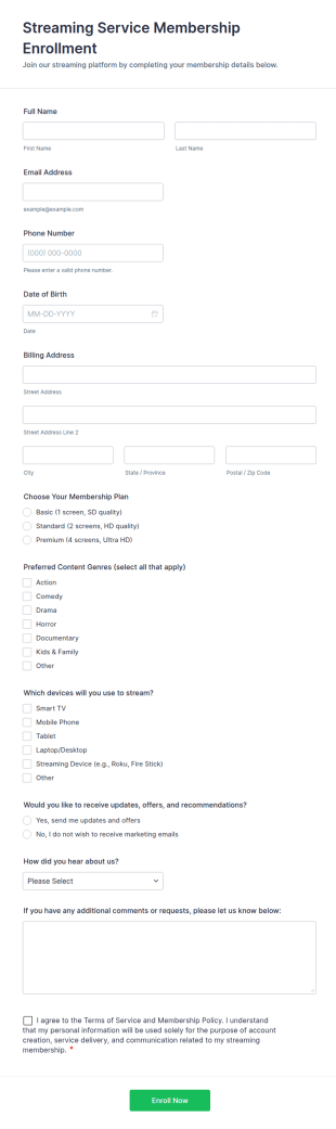 Streaming Service Membership Enrollment Form Template
